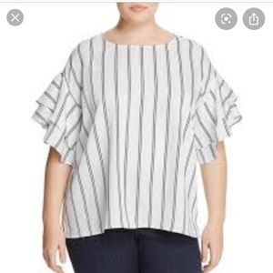 Vince Camuto ivory and blue ruffle blouse